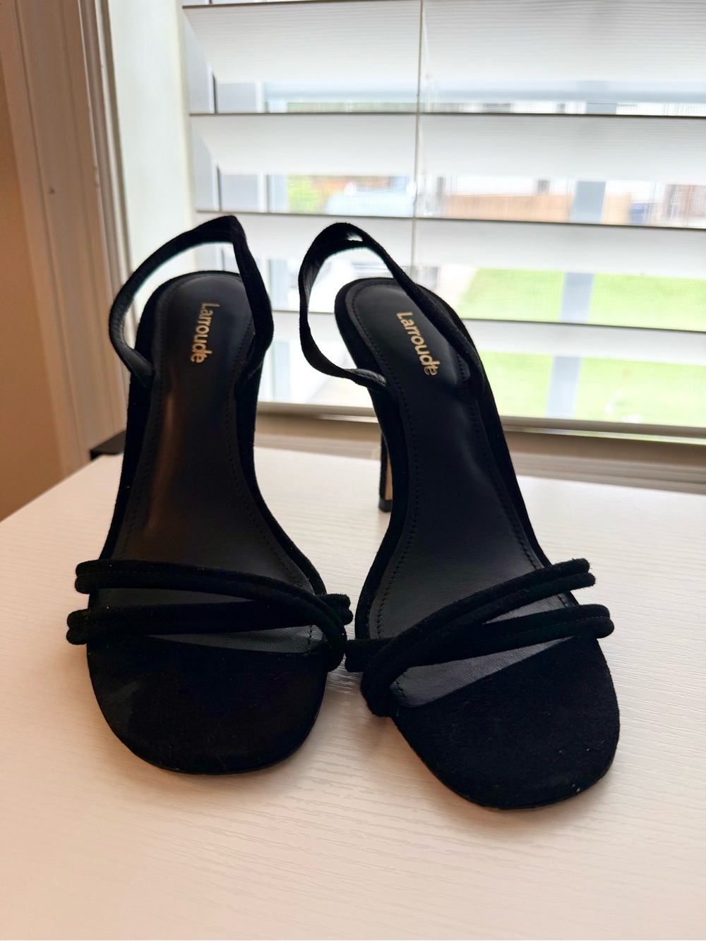 Larroude Black Suede Double-Strap Slingback Heels (size 7)